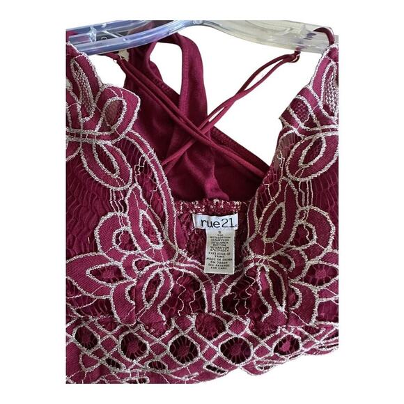 Rue 21 Women's Burgundy Bodysuit small strappy criss cross silver lace detail​ - Picture 3 of 4